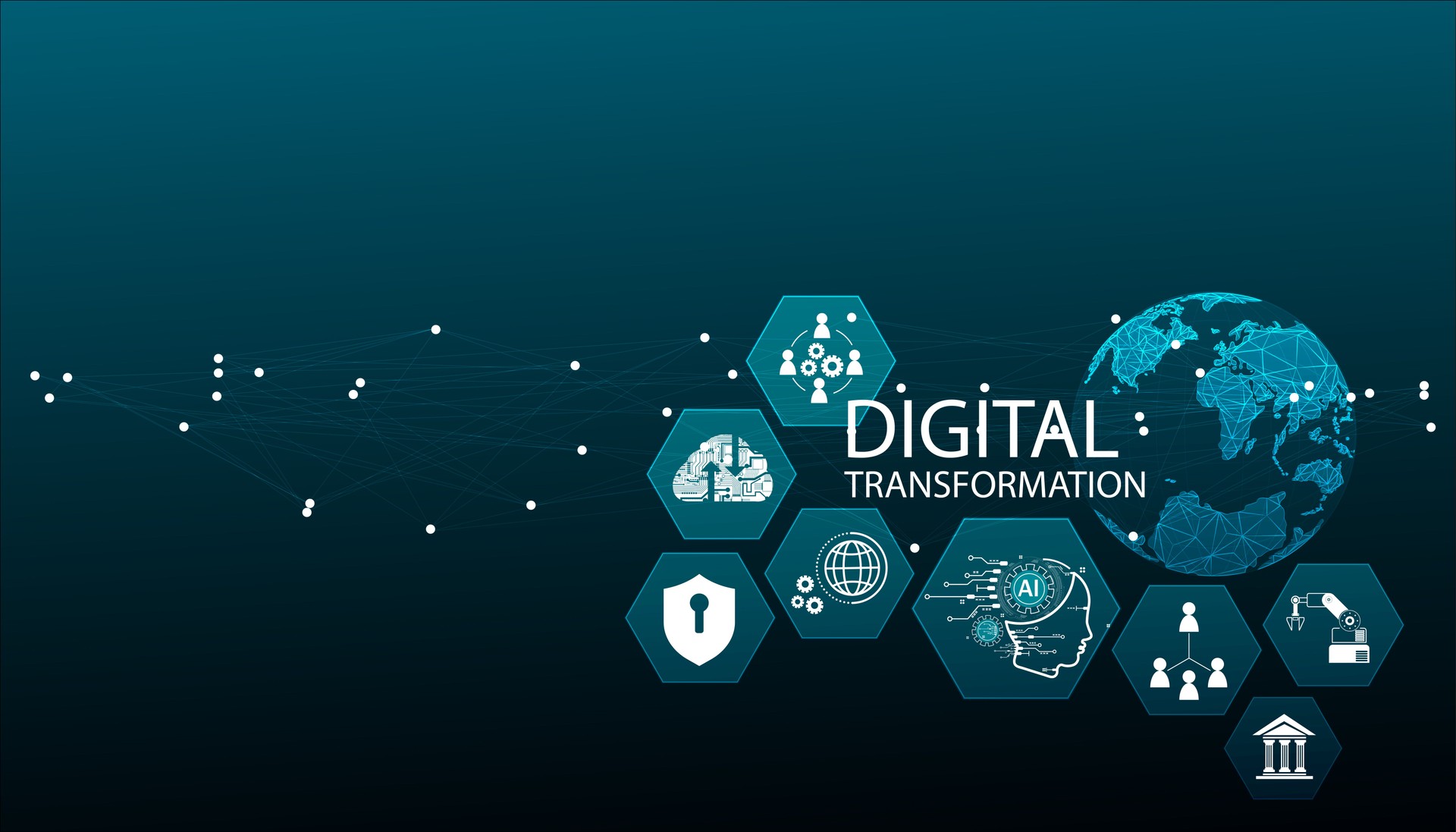 Digital transformation concept with AI, cybersecurity, cloud computing and technology icons on dark blue background